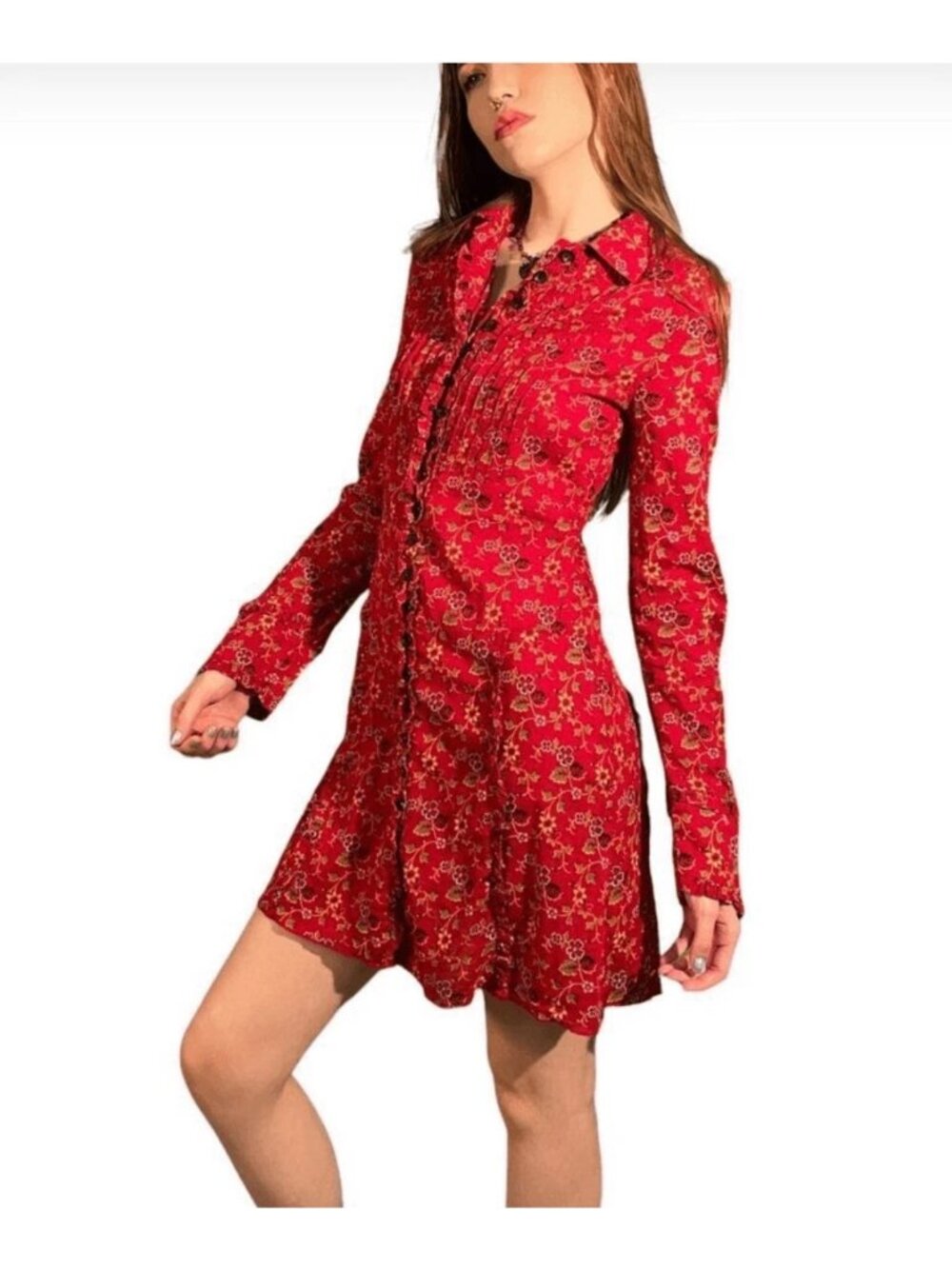 Vtg Y2K Free People Red Floral Button-Front Tunic Dress With Long Sleeves Size 8